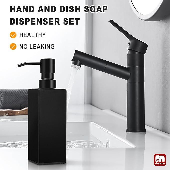 GMISUN Black Soap Dispenser Bathroom, Glass Hand Soap Dispenser with Stainless Steel Pump, 12 fl oz/350ml Refillable Dish Dispensers for Kitchen, Modern Liquid Lotion Bottles for Bathroom Countertop