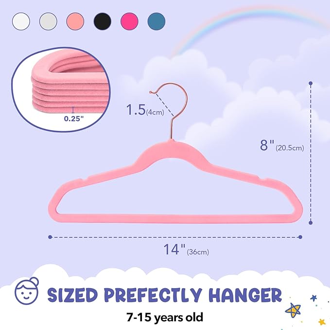HOUSE DAY Velvet Kids Hangers 120 Pack, Premium Children Hangers for Closet, Slim Cute Clothes Hanger, Non Slip Kid Felt Hanger 14 Inch, Small Size for Toddler Clothes, Blush Pink