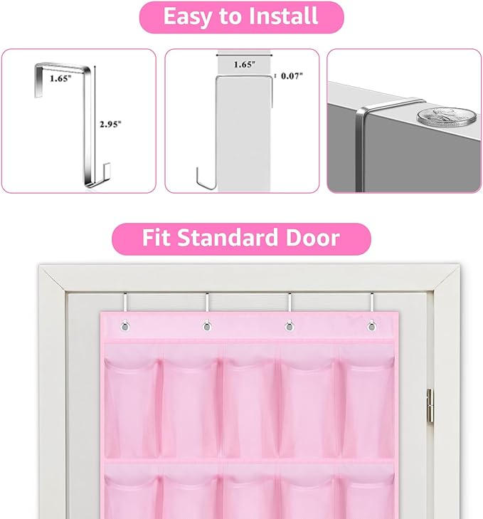 MISSLO 35 Large Pockets Over The Door Shoe Organizer Sturdy Oxford Fabric Hanging Shoe Rack for Door Mesh Closet Shoe Holder Hanger, Pink
