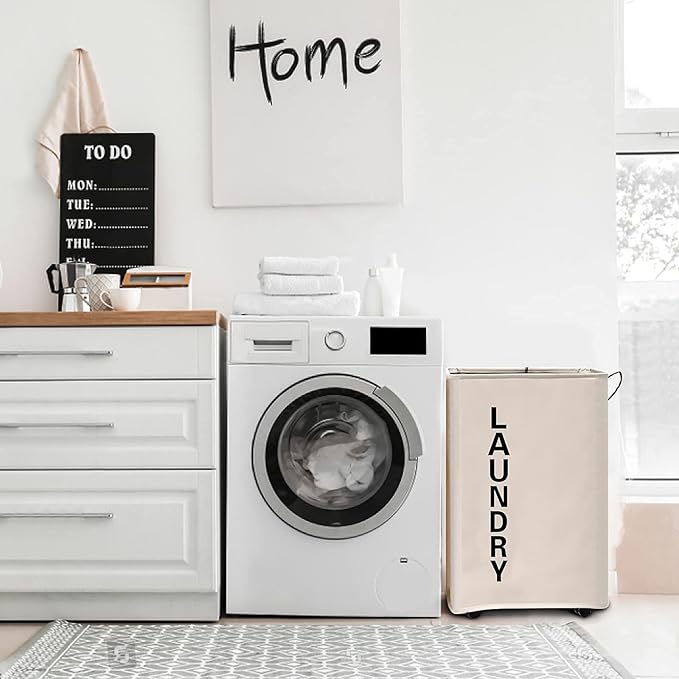 92L Large Laundry Hamper with Leather Handle,Standable Laundry Basket with Wheels ,Large Hamper,Rolling Laundry Basket White