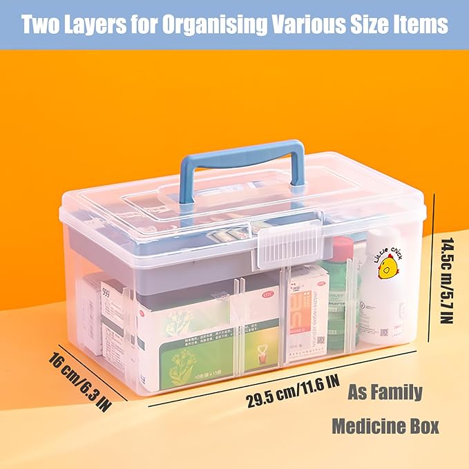 FOREVERIE Clear Plastic Arts & Craft Supplies Organizer Box Large with a Removable Tray & A Partition & Handle, Office Home School Desktop Stationery Storage Box, Medicine Box (Clear & Ocean Blue)