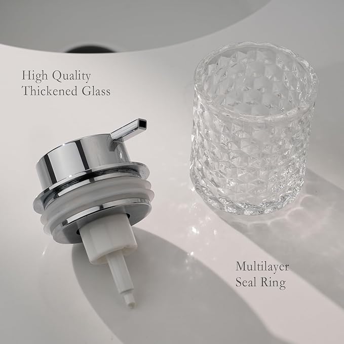 Hand Soap Dispenser Glass, Refillable Liquid Dispenser for Bathroom & Kitchen,Lotion Dispenser with Large Silver Pump（Diamond Pattern-Clear）