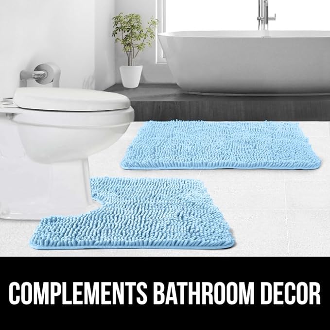 GORILLA GRIP Plush Absorbent Shaggy Chenille Bath Rug Mat for Square Toilet Base with Rubber Backing, Machine Washable Rugs, Soft Microfiber Contour Mats for Toilets, Bathroom Decor, Sky