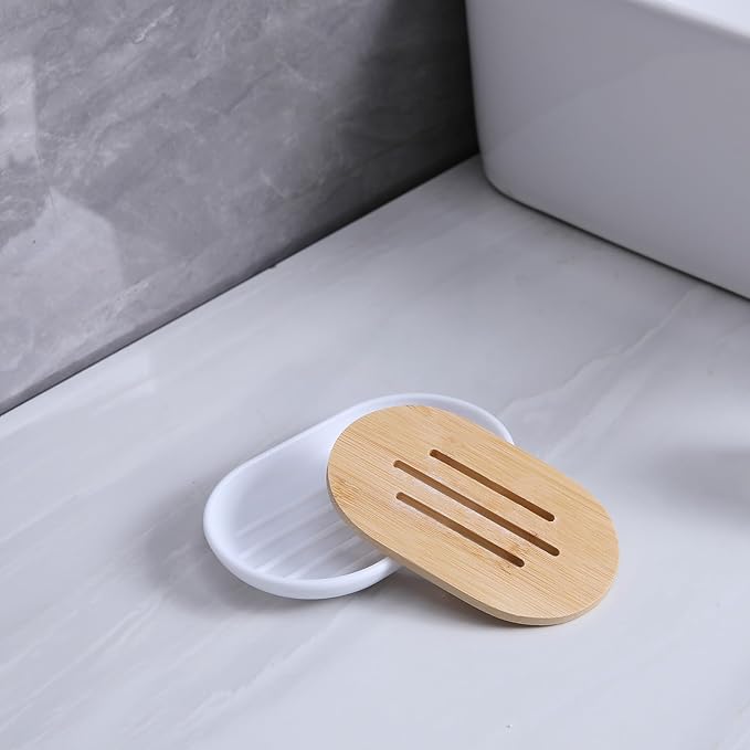 Matte White Bathroom Accessories Set 7 Pcs,Bamboo Bathroom Accessories Sets,White Soap Dispenser and Toothbrush Holder Set,Qtip Holder,Vanity Tray,Soap Dish,Modern Bathroom Decor