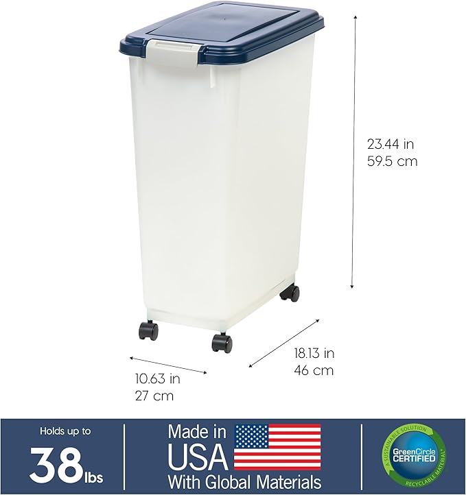 IRIS USA Airtight Dog Food Storage Container, Up to 38 lbs, Attachable Wheels, For Dog Cat Bird and Other Pet Food Storage Bin, Keep Fresh, Easy Mobility, BPA Free, Navy/Pearl
