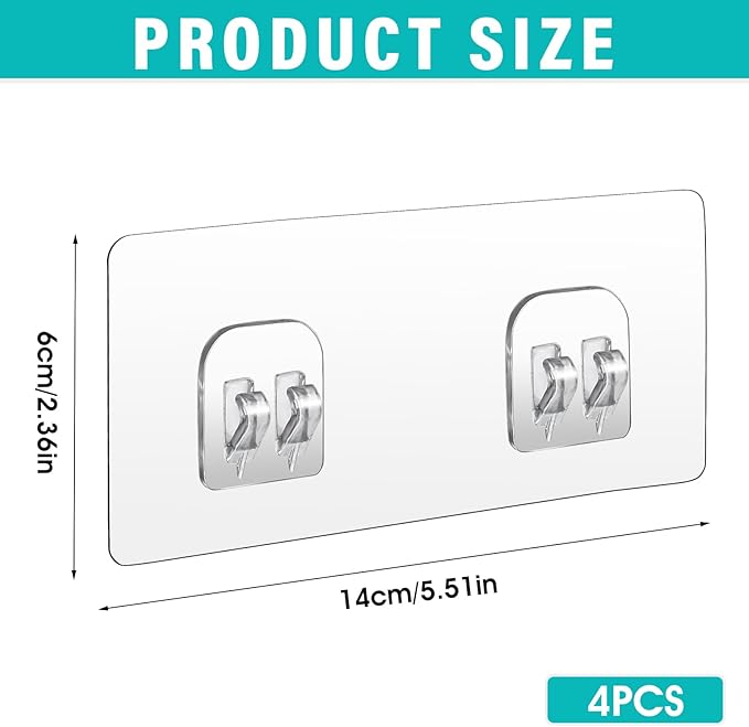 4 Pack Shower Caddy Adhesive Hooks Replacement, Strong Self-Adhesive Sticker No Drilling Waterproof Hanging Hooks for Bathroom Storage Shelves Kitchen Racks (Double Hook,Transparent)