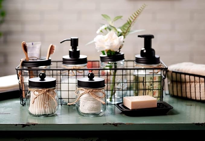 SheeChung Mason Jar Toothbrush Holders, Bathroom Accessories, Bathroom Essentials, Bathroom Organizers and Storage, Bathroom Countertop Organizer, Glass Toothbrush Holders for Bathroom-Black, 2Pcs