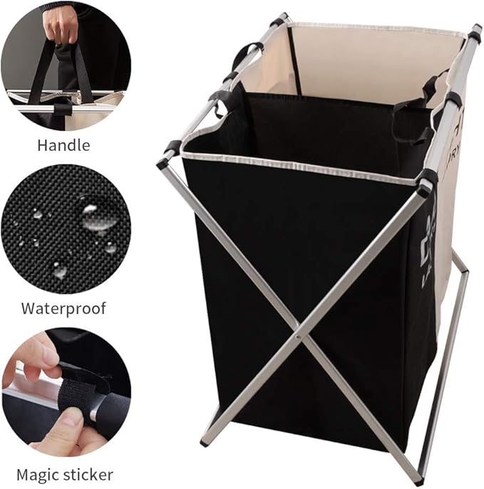 Nicesail Laundry Basket 2 Section Hamper Washing Storage Basket Bag, Folding Hamper Waterproof & Aluminum X-Frame, Cloth Organizer Durable Laundry Basket for Bathroom Home with Carrying Handle