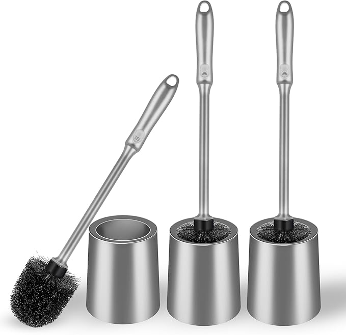 Toilet Brush and Holder 3 Pack with Long Handle - Non-Slip Grip Toilet Bowl Brush Set for Deep Cleaning Bathroom, Toilet Scrubber- Gray