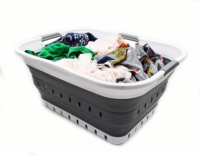 SAMMART 42L (11 gallon) Collapsible Plastic Laundry Basket - Foldable Pop Up Storage Container/Organizer - Portable Basket - Space Saving Hamper/Basket (2, White/Dark Grey)