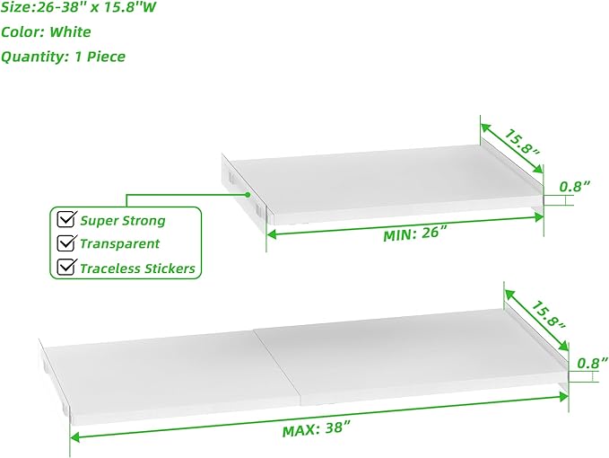 SANNO Adjustable Closet Organizer Shelf, 17-31" Tension Shelf with Heavy-Duty Adhesive - 2 Pack DIY Expandable Shelf Dividers for Cabinet, Pantry, Wardrobe, Kitchen