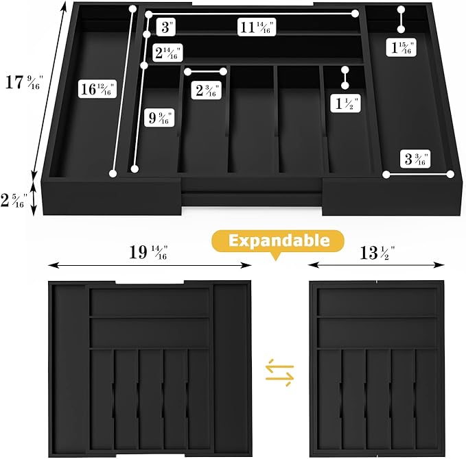 Utensil Organizer Silverware Drawer Organizer - Bamboo Expandable Cutlery Tray with Dividers for Utensil Holder Office Storage Makeup Desk Drawer Tool Organization W13.5"-19.5" x L17.5" x H2.5"(Black) | Expandable, Cutlery Tray, with Dividers, Utensil ...