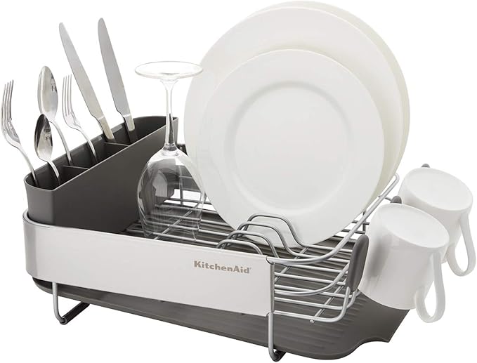 KitchenAid Compact, Space Saving Rust Resistant Dish Rack, with Angled Self Draining Drain Board and Removable Flatware Caddy, 16.06-Inch, Gray