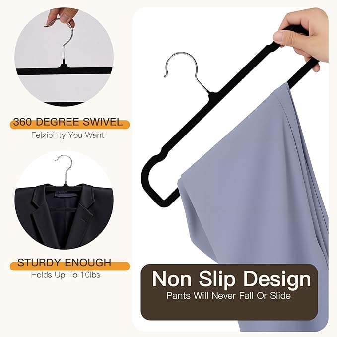 Velvet Pant Hangers 20 Pack Pant Hangers,Heavy Duty Velvet Hangers for Pants,Jeans,Scarf,Towels,Tank Top,Coat.Closet Organizers and Storage（Black）