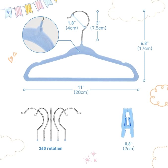 Velvet Baby Hangers with Clips (30 Pack) | 11” Ultra-Slim Baby Clothes Hangers | Non-Slip Felt | Space-Saving Nursery & Infant Closet Organizer | Blue