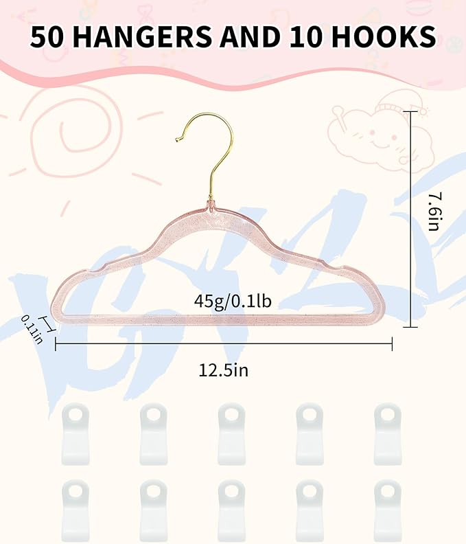 HGYZE Kids Hangers for Baby Clothes, 50pcs Toddler Hangers with 360° Swivel Golden Hook, 12.5" Acrylic Glitter Hangers, Pink Sparkling Hangar with Glitter for Infant Girl Dresses Coat Sweater Nursery
