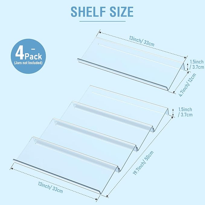 Spice Drawer Organizer 4 Tier, Acrylic Seasoning Organizer Rack, Clear Spice Rack Tray, Kitchen Seasoning Jars Drawers Insert (Jars Not Included/Expandable From 13" to 26")