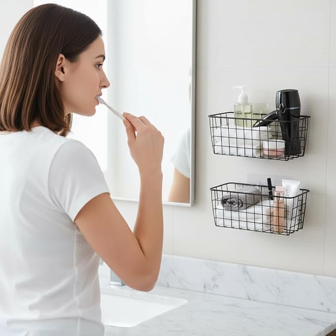 2 Set Adhesive Hanging Wall Basket Inside Cabinet Door Organizer,Wall Storage Basket-No Drilling Adhesive wall Basket for Cupboard Door,Space-Saving Small Hanging Baskets for Wall Mount Storage,Black
