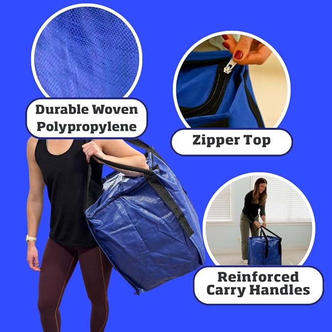 DURASACK Heavy Duty Storage Tote Bag with Zipper Top 22-Gallon Rugged Woven Polypropylene Moving Bag, Reusable Self-Standing Design, Holds up to 500 Pounds, Pack of 4, Blue