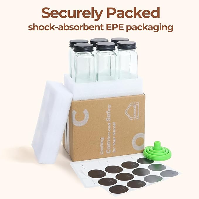 ComSaf 6Pcs 4oz Glass Spice Jars with Shaker Lids, 21 Labels, Spice Jars Trial Set & Supplement Set, Empty Spice Containers and Square Spice Bottles for Kitchen and Seasoning