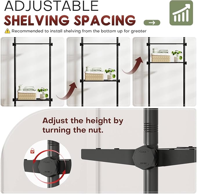 Goovilla Over The Toilet Storage Shelf, 4 Tier Bathroom Organizer Shelves with 64-124inch(H) 15-27inch(W) Adjustable No Drilling Tension Mounting, Black Space Saver Bathroom Shelf Rack Above Toilet