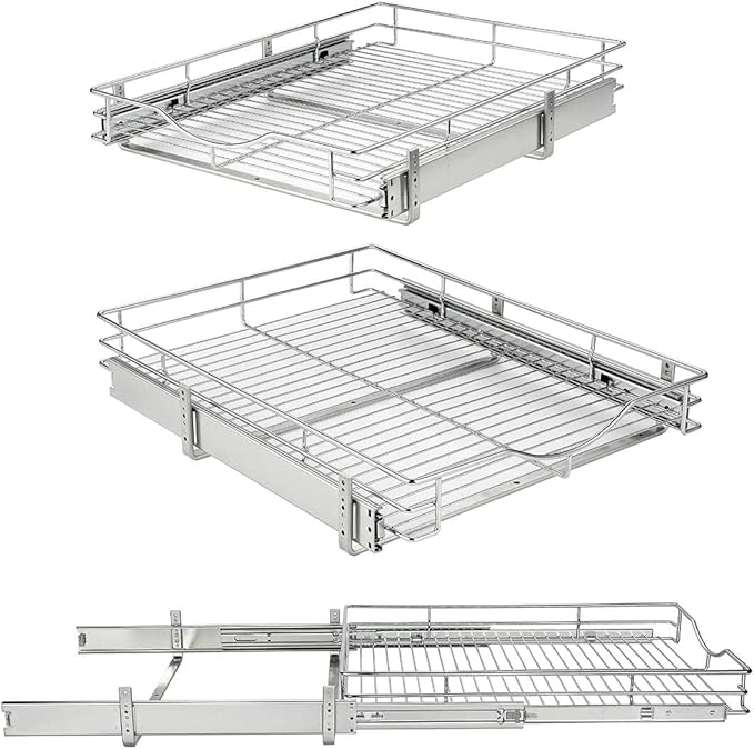 DINDON 1 Tier Pull Out Cabinet Organizer (17" W x 21" D) Heavy-Duty Metal Sliding Drawer Shelf, Slide Out Wire Basket for Kitchen Cabinets, Pantry, Bathroom, Chrome Finish…