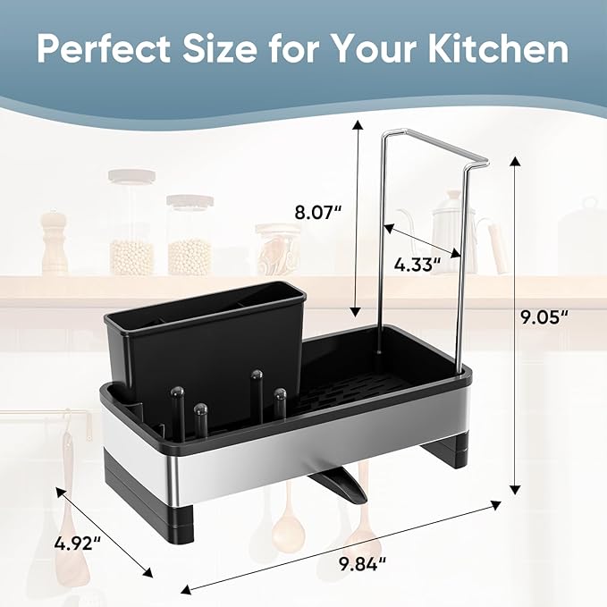 VUSIGN Sponge Holder for Kitchen Sink, Sink Caddy Organizer with Brush Holder, Rustproof Stainless, Self-Draining Sink Organizer for Countertop, Sponges, Brushes, Kitchen Decor and Accessories, Black