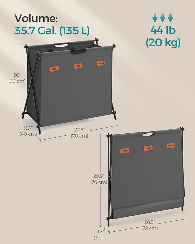 SONGMICS Laundry Hamper, Laundry Basket, 35.7 Gal. Laundry Sorter 3 Sections, Collapsible X-Frame, Clothes Organizer with Customizable Labels, Laundry Room, Bedroom, Bathroom, Slate Gray ULCB130G01