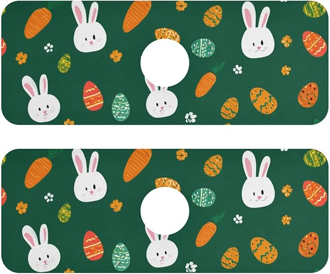 Kitchen Sink Splash Guard 2 PCS 14.7 Inch Sink Faucet Mat Splash Guard for Bathroom Countertop Water Absorbent Foldable Cuttable Soft Washable Deep Green Easter Rabbit Eggs Carrots