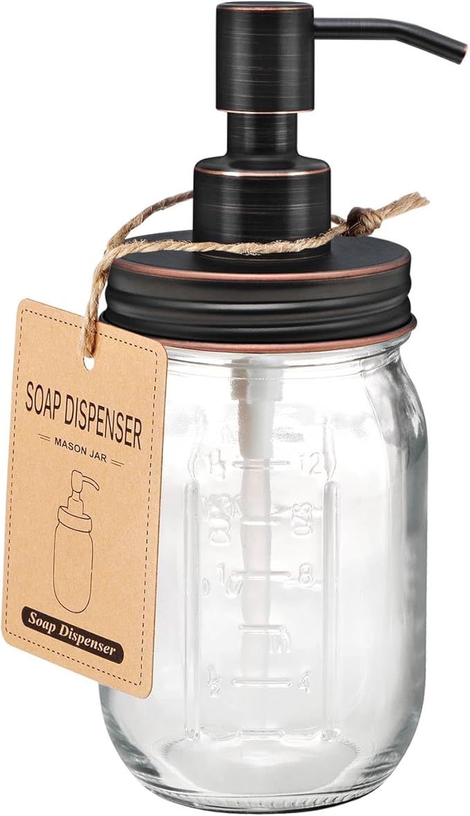 Amolliar Mason Jar Liquid Soap Dispenser, 16 OZ Lotion Glass Dispenser, Cute Farmhouse Decor for Kitchen, Bathroom, Refillable Dispenser for Hand Soap, Dish Soap, Lotion Soap, Oil Rubbed Bronze 1 Pack