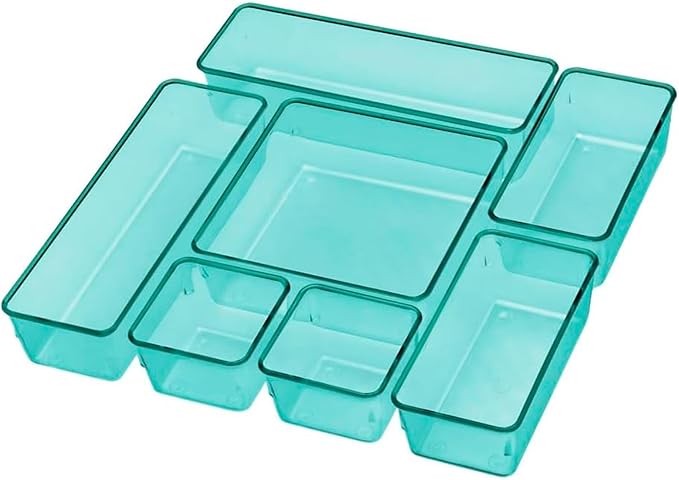 Acrimet Drawer Organizer Modular, Box Tray Storage Bins for Office, Home, Makeup, Kitchen, Junk Drawer (7 Units - 4 Sizes) (Clear Green Plastic)