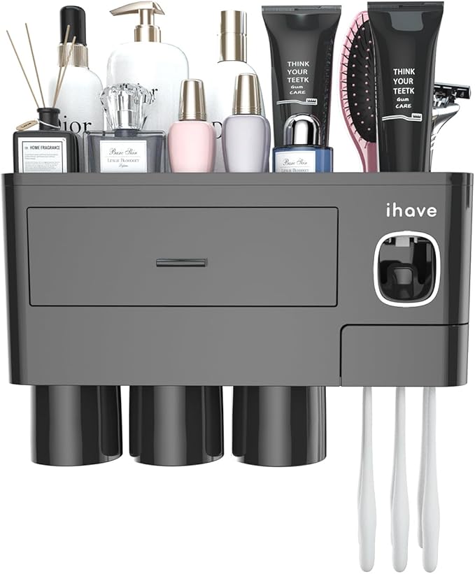 iHave Toothbrush Holders for Bathrooms, 3 Cups Toothbrush Holder Wall Mounted with Toothpaste Dispenser - Large Capacity Tray, Cosmetic Drawer - Bathroom Organizer & Bathroom Organization and Storage