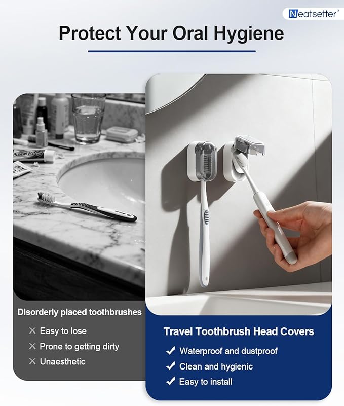 NEATSETTER Toothbrush Holder with Auto-Close Cover – Waterproof, Dust-Proof Tooth Brush Hanger Rack for Electric Toothbrushes, 3-Pack No Drill Wall-Mounted Toothbrushes Organizer - Grey