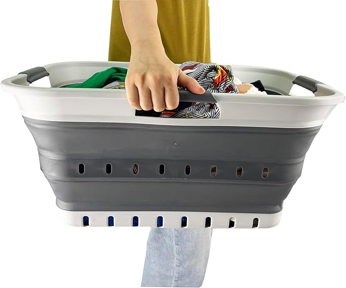 SAMMART 42L (11 Gallon) Set of 2 Collapsible Plastic Storage Basket - Foldable Pop Up Storage Container - Portable Laundry Organizer - Space Saving Hamper (Grey/Steel Grey, 42L (Style B))