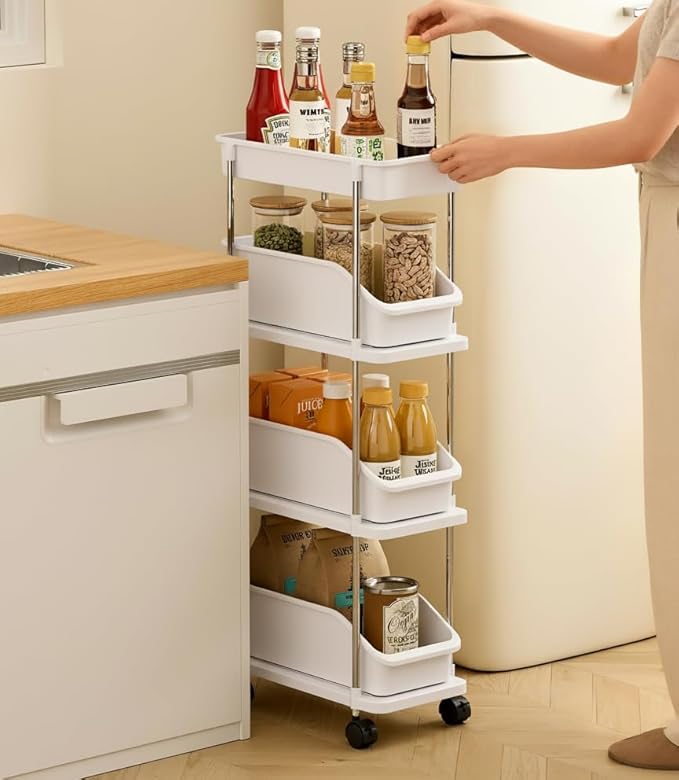 Slim Storage Cart 4 Tier Slim Rolling Utility Cart with Pull-Out Baskets & Wheels for Narrow Space in Kitchen Dining Room Bathroom Laundry Room Cream White (Width 6.3 Inches)