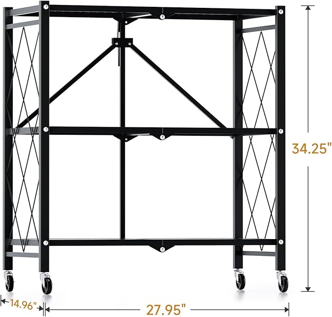 HealSmart Heavy Duty 3-Tier Foldable Metal Rack, 14.96" D x 27.95" W x 34.25" H Storage Shelving Unit 750 lbs with Wheels Moving Organizer Shelves for Garage Kitchen, Black, 2 Pack