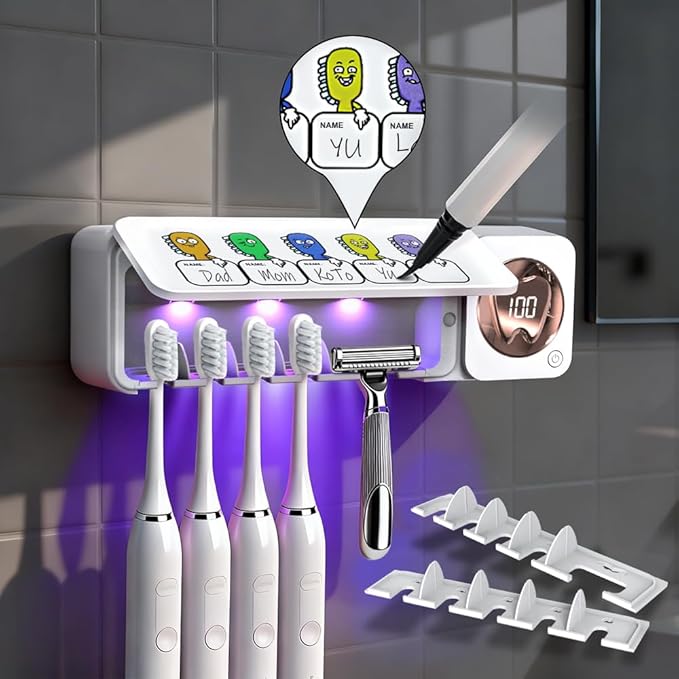 Bathroom Toothbrush Holder, Labelable with User Name, Multi-Slot Toothbrush Cleaner, Rechargeable Toothbrush Holder, Wall Mounted, for Bathroom, No Drilling Required, 5 Slots
