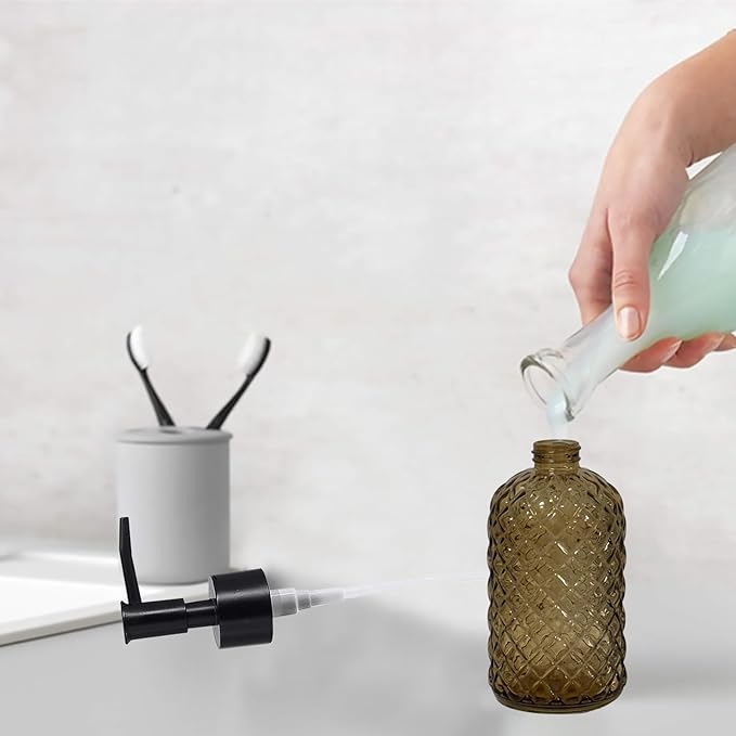 Brown Glass Dish Soap Dispenser for Kitchen, 13.5oz Refillable Liquid Hand Soap Dispenser Set, Crystal Lotion Bottle for Modern Home Decor, Bathroom Countertop, Hotel