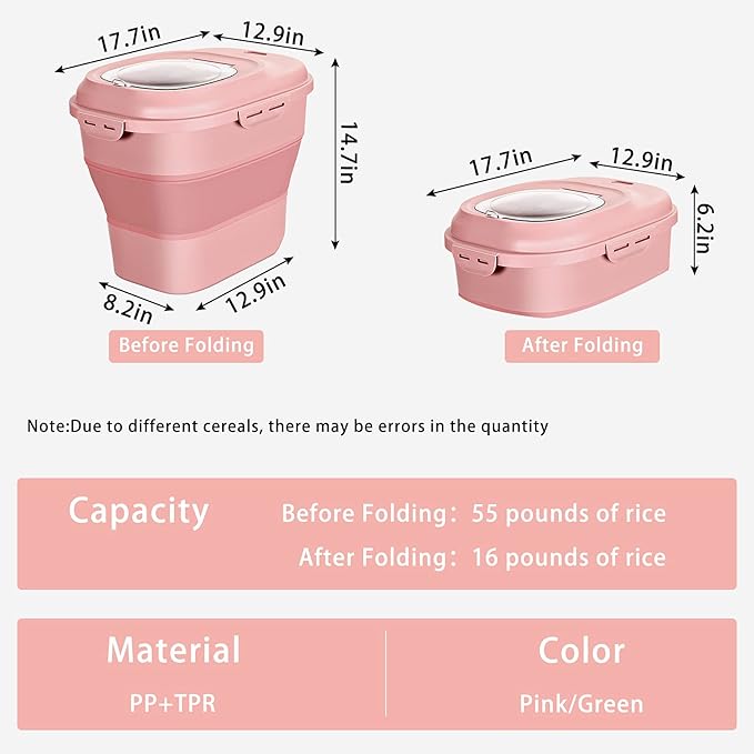 Cereal Rice Food Storage Containers, Collapsible 20 to 50 Lbs Dispenser Bin with Rolling Wheel Airtight Locking Lid, Dog Pet Cat Flour Sugar Plastic Leakproof Sealable Large Kitchen Pantry Holder