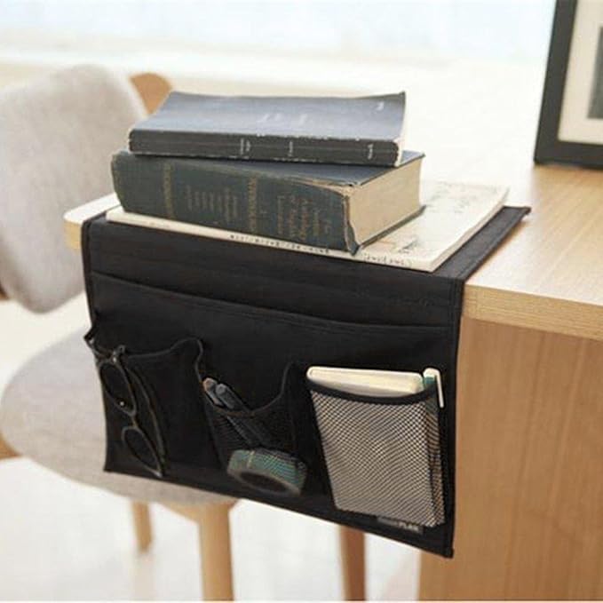 Bedside Caddy 4 Pockets Bedside Organizer Caddy Fit Tablet Magazine Phone Glasses, Under Mattress Remote Control Holder Storage Organizer, Black