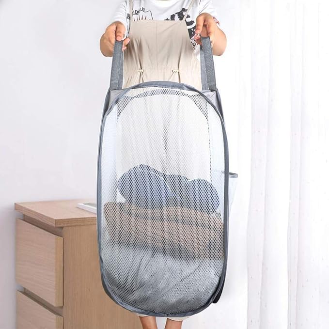 Mesh Pop up Laundry Hamper, Collapsible for Storage, Portable Folding Pop-Up Clothes Hamper Laundry Basket for Home Room, College Dorm or Travel, Grey