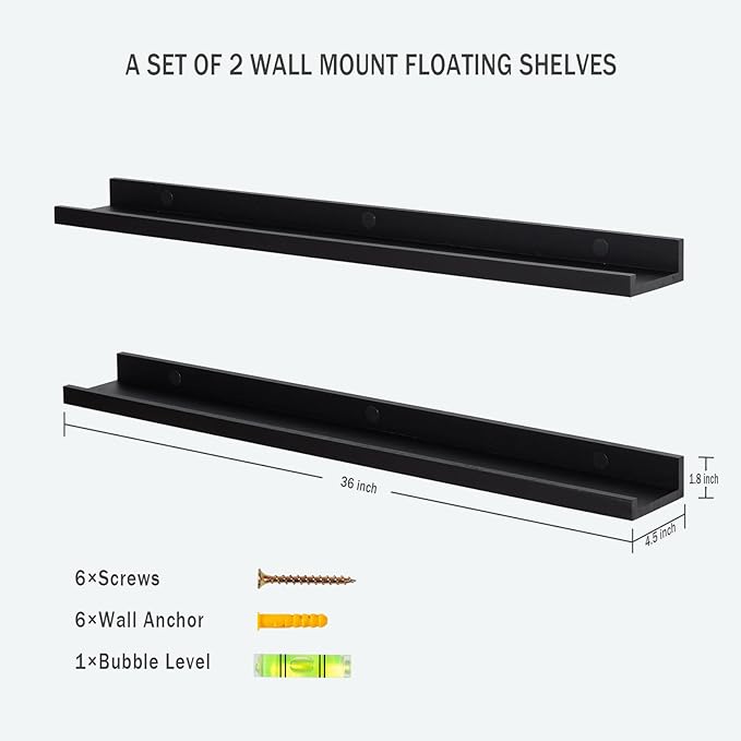 Black Floating Shelves 36 Inch Modern Picture Frame Shelf for Wall Picture Ledge Shelves with Lip Wooden Book Shelves Set of 2 Bathroom Shelf Organizer for Living Room Bedroom Kitchen Wall Decor