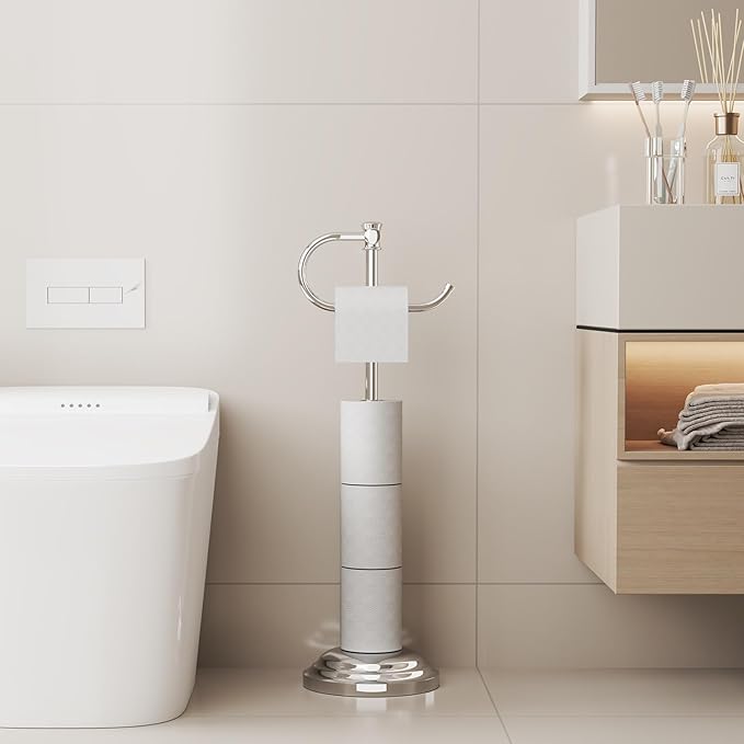 BESy Toilet Paper Holder Free Standing Bathroom Toilet Tissue Holder Stand for Floor Toilet Paper Roll Holder with Storage Hardware Accessories Rack Hand Towel Bar Polished Chrome Stainless Steel