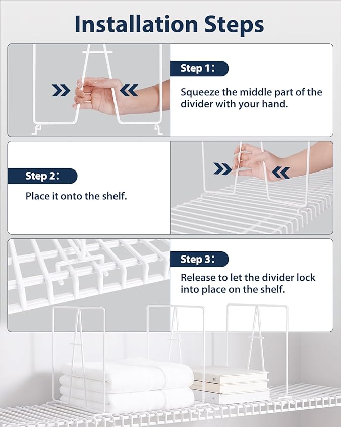 4 Pack Wire Shelf Dividers for Closet, Solid Coated Metal Closet Dividers for Closet Organization, Easy Install Closet Shelf Divider for 12'' Tall x 12'' Deep Wire Shelves and Storage, White