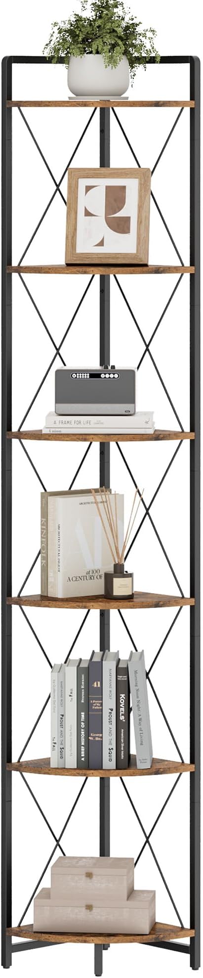 6 Tier Corner Shelf Stand, 78" H Tall Industrial Corner Bookshelf for Living Room Decor, Metal Corner Shelf, Plant Stand Display Shelf for Bedroom, Bathroom, Small Space, Rustic Brown