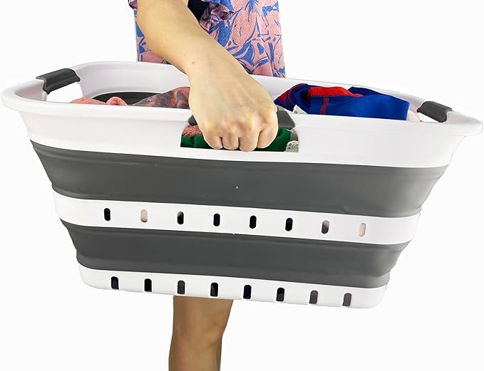 SAMMART Collapsible Plastic Rectangular Laundry Basket - Foldable Pop Up Storage Container/Organizer - Portable Laundry Hamper - Space Saving (White/Steel Grey, 42L)