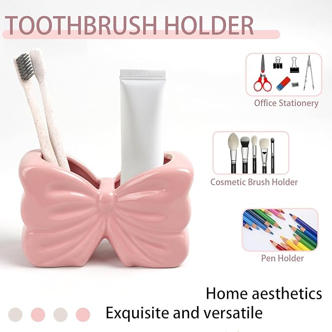 Bow Toothbrush Holder， 2-Slot Toothbrush and Toothpaste Holder Cute Toothbrush Holder Set, Bathroom Counter Organizer for Bathroom，Electric Toothbrushes, Floss, Razors - Pink