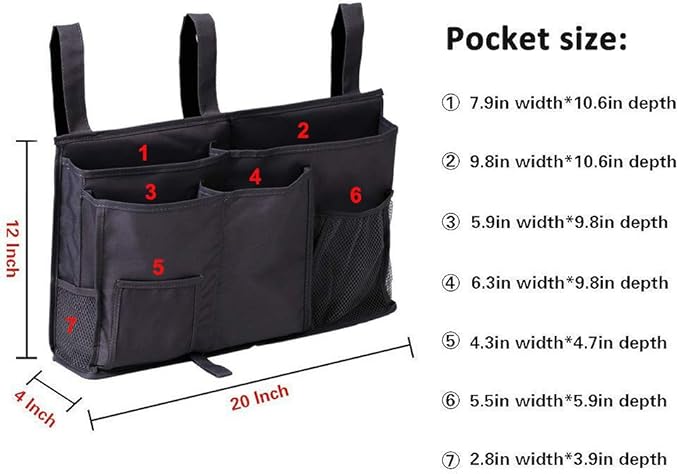 Bunk Bed Organizer, Bedside Storage Caddy, Hanging Pocket for Camp, Dorm Room, Hospital Bed Rail and More (Black)