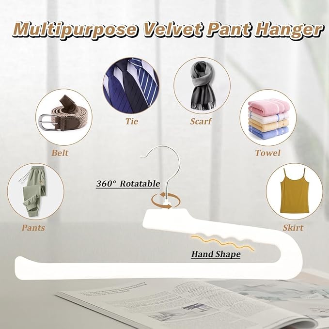 Velvet Pants Hangers - 32 Pack White Non Slip Felt Slim & Sleek Heavy Duty Space Saving Closet Hangers with 360 Swivel Hook for Trousers, Shorts, Jeans, Suits, Towels