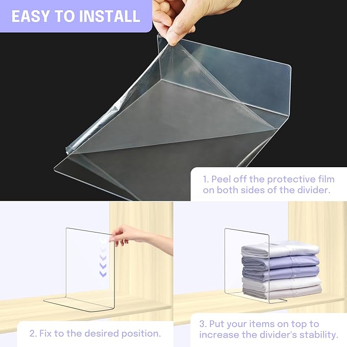 OKPOW Acrylic Shelf Dividers for Closet Organization: 10" Tall X 8.46" Deep Durable 8 Pack Clear Shelves Separators for Clothing Adjustable Purse Organizer